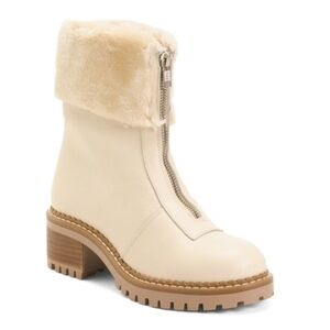 🤍🔹️Bertuchi 🔹️Made In Spain Leather Front Zipper Beige Faux Fur  Booties